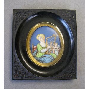 Peinture Miniature , Allégorie De La Musique Angelot  Cadre Ebonite XIXe Napoléon III.