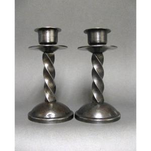 Pair Of Art Deco Wrought Iron Candlesticks Signed Charles Piguet.