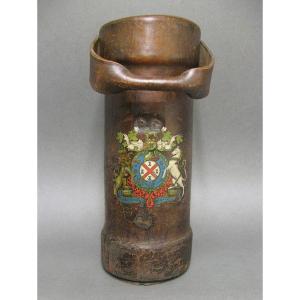 Leather Cordite Bucket, Royal Navy Ammunition Holder, 19th Century. United Kingdom Coat Of Arms.