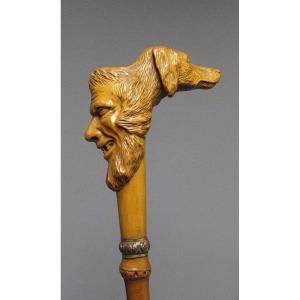 Folk Art Cane Boxwood Handle Carved With A Grotesque Head And A Dog's Head.