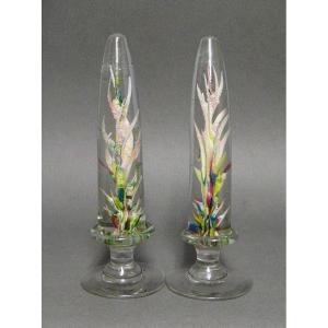 Lot Of Two Paperweights, Wig Holders In Sulfurized Glass 19th Century. Obelisk.