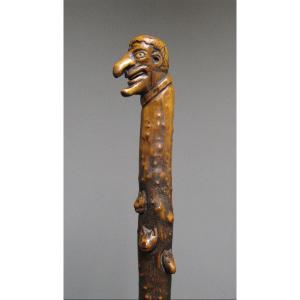 19th Century Monoxyl Folk Art Cane Carved With Animals And Grotesque Heads.