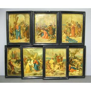 Seven Chromolithographs Of The Stations Of The Cross, 19th Century.