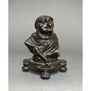 Inkwell, Bronze Sculpture, Decorated With A Dwarf Or Gnome, 19th Century.