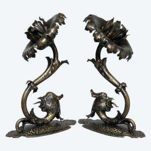 Pair Of Gothic Style Metal Wall Sconces .