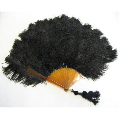 Large Fan In Blonde Tortoise Shell And Black Ostrich Feathers.