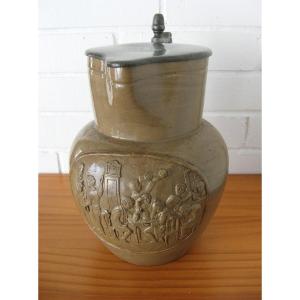 Pitcher In Sandstone Lid In Pewter Nineteenth. Tavern Scene