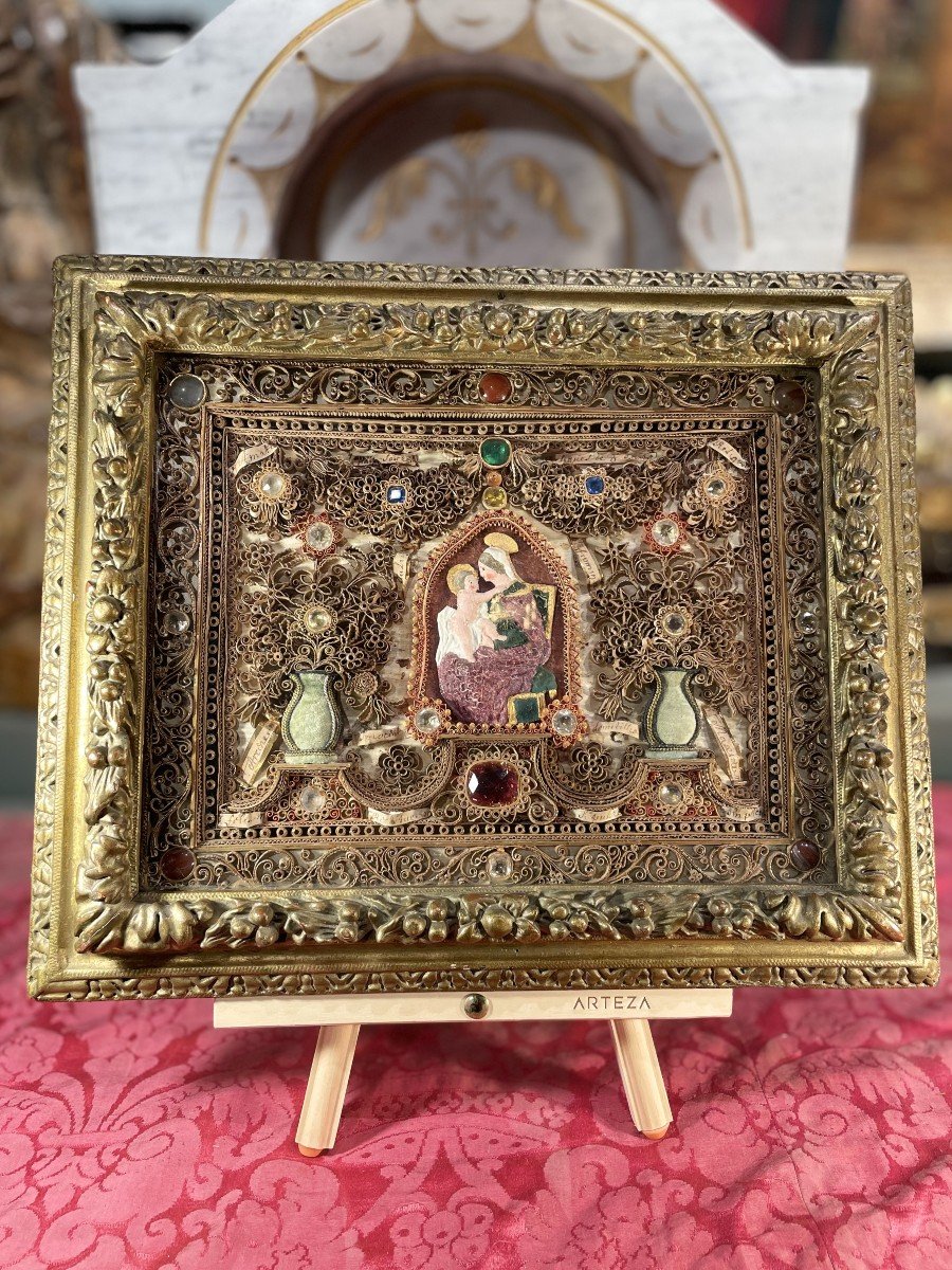 Riche Tableau Reliquaire De La Vierge à L’Enfant – XVIIIe -photo-4