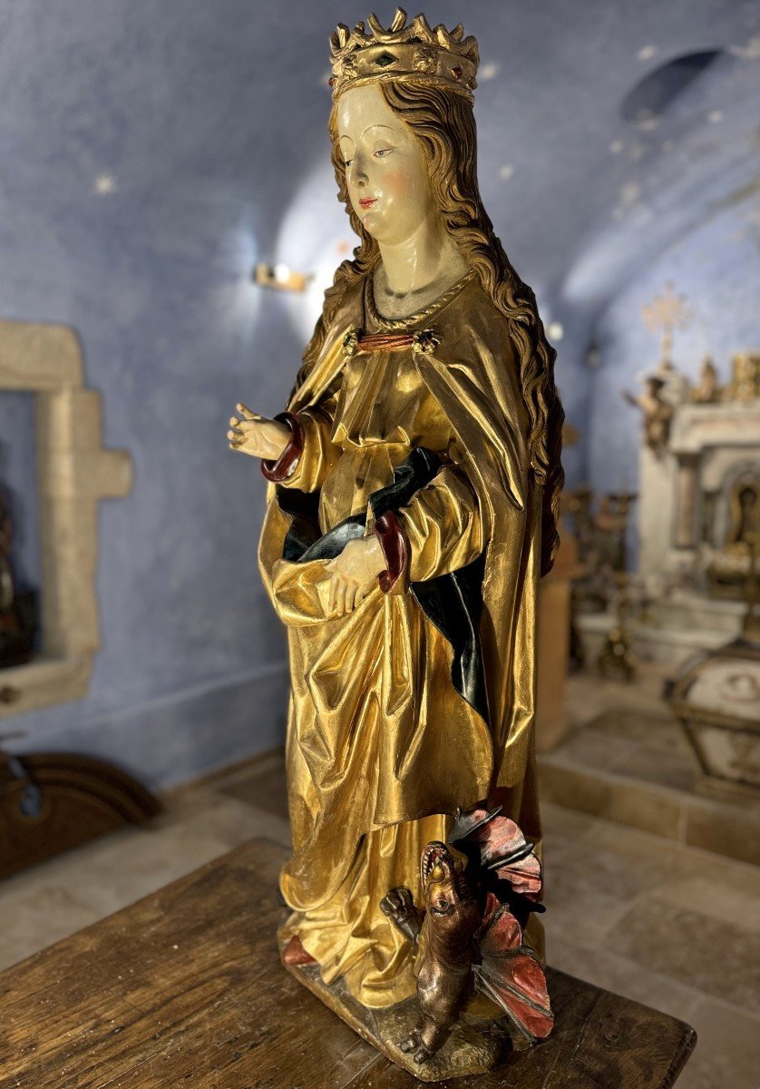 Grande sculpture de Sainte Marguerite - Circa 1500-photo-4