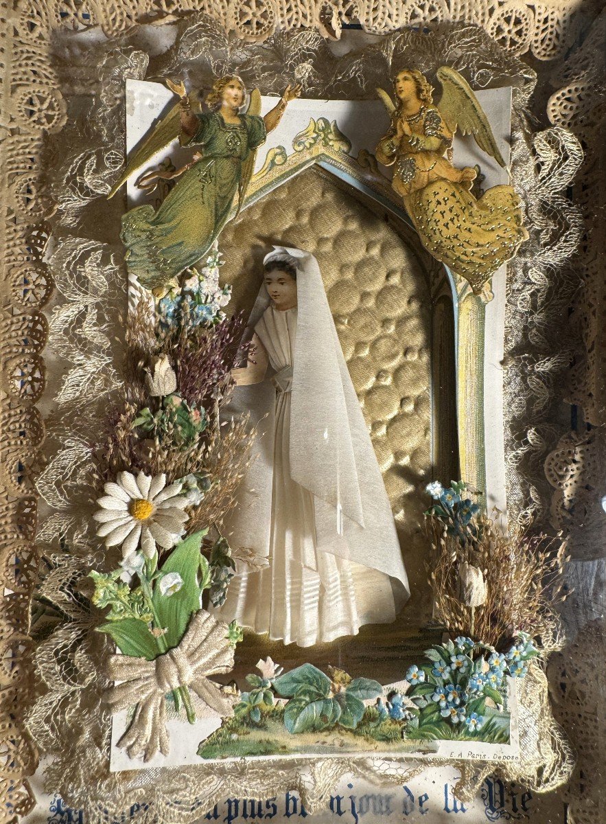 Touchant Cadre Diorama De Communiante - Circa 1900-photo-2