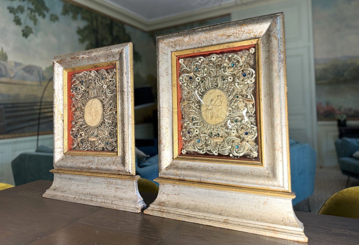 Large Pair Of Reliquaries With Fourteen Relics - Early 19th Century  -photo-2