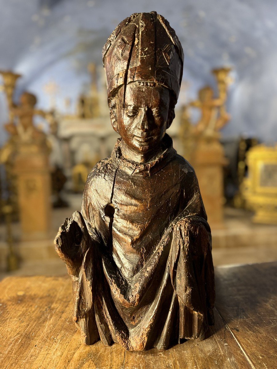 Bust Of Saint Bishop - 15th Century  