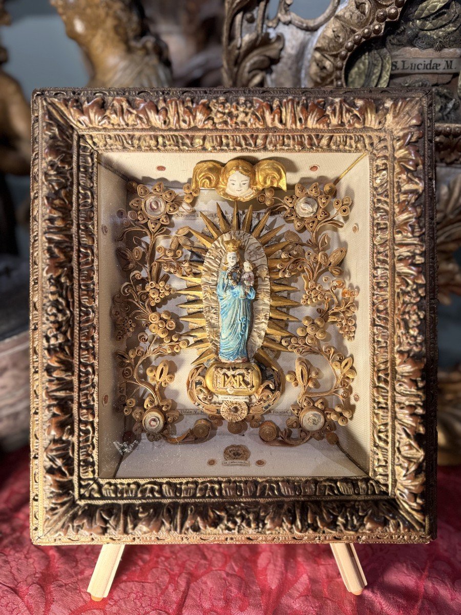 Reliquary Of The Virgin And Child With 8 Relics - 18th Century