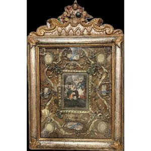 Important Reliquary Painting With Four Relics - Early 18th Century