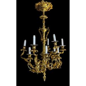 Grand Lustre En Bronze Doré  De Style Louis XV