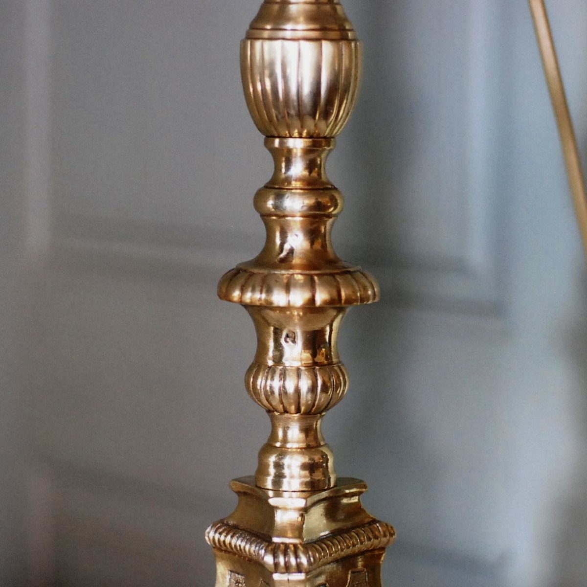 Candle Stick In Varnished Cast Brass Mounted As A Lamp -photo-1