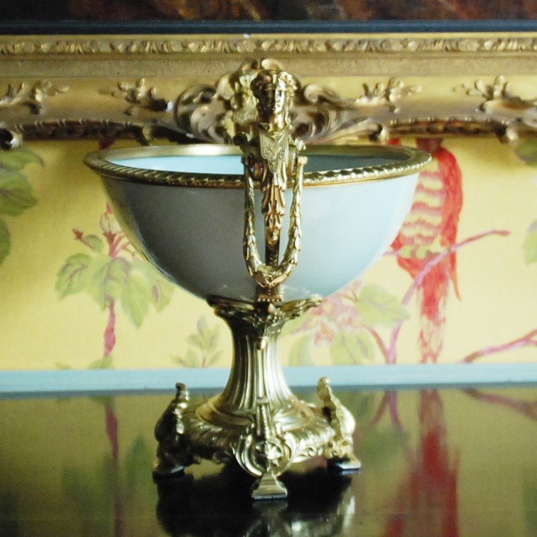 Importante coupe ou jardinière ovale de style Louis XVI en porcelaine et bronze-photo-2