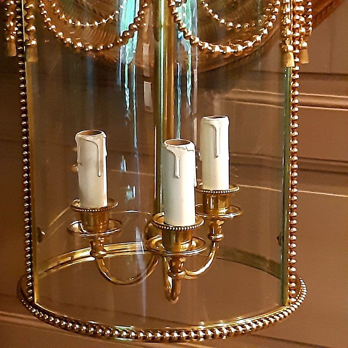 Circular Lantern In Polished Bronze And Brass, Louis XVI Style-photo-1