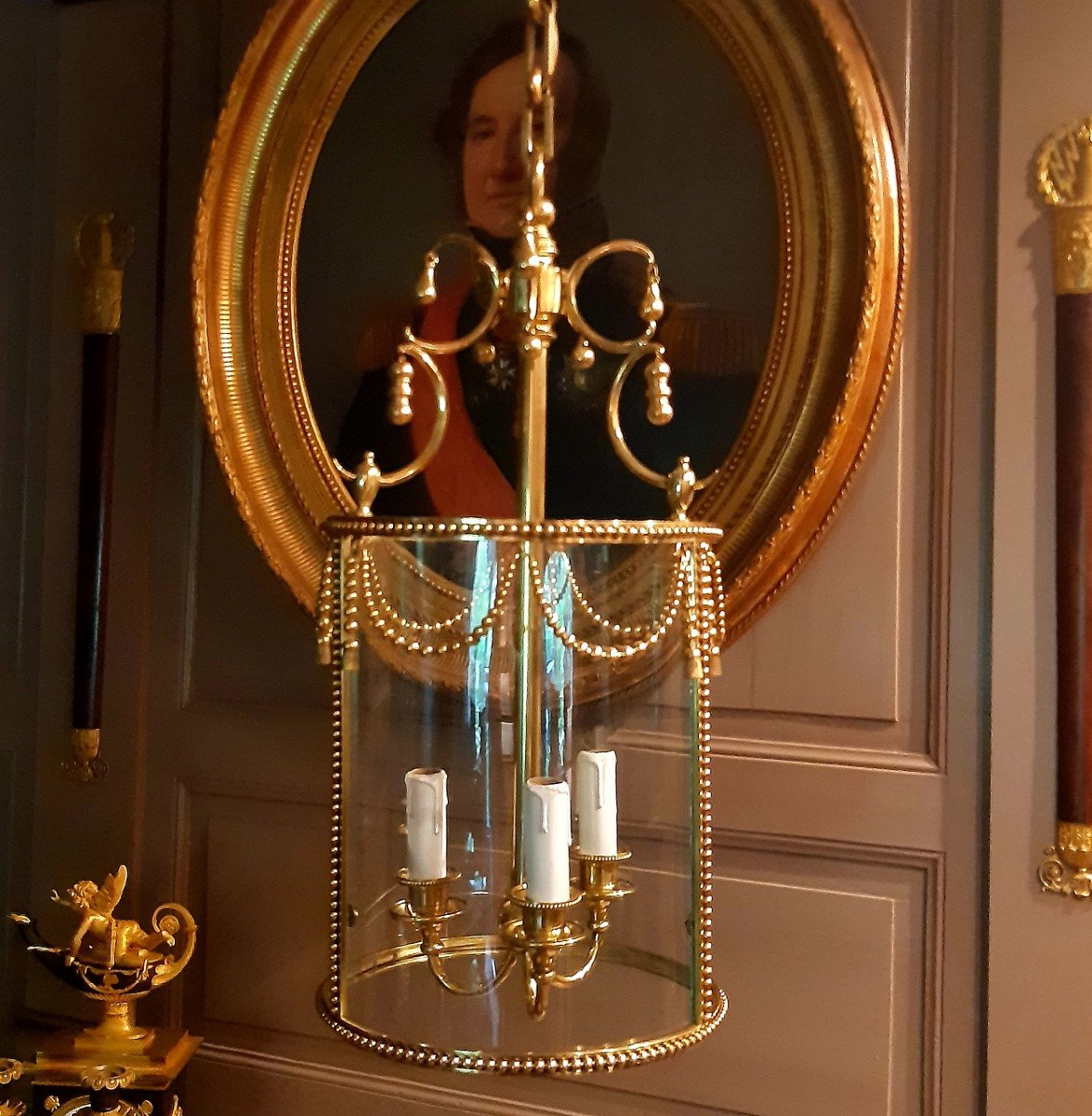 Circular Lantern In Polished Bronze And Brass, Louis XVI Style