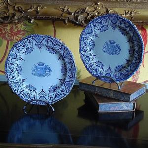 Pair Of Flat Plates In Gien Earthenware, Esclaibes Family Alliance Coat Of Arms