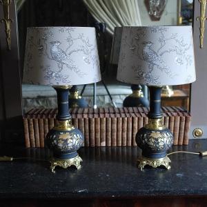 Pair Of Oil Lamps Mounted On The Lampshade.