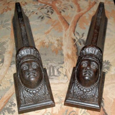 Pair Of Cast Iron Iron Chenets - Restoration Period.