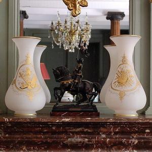 Pair Of Large Baluster Vases In White Crystal Opaline