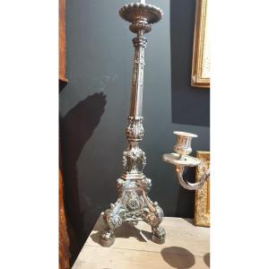 Pair Of Silver Metal Candlestick Spades 83cm