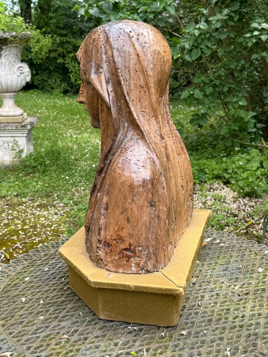 Buste De Sainte, Sculpture En Bois Du 17 Eme Siècle -photo-3