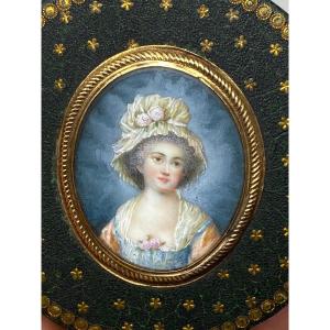 François Dumont 1751 - 1831 & Portrait Jeune Femme Miniature & Boîte Vernis Martin