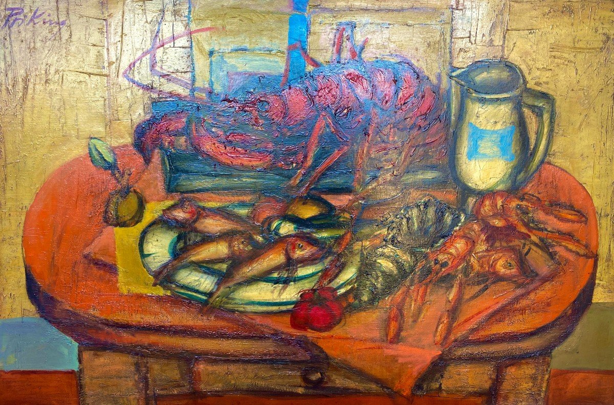 Franz Priking (1929-1979) "still Life With Lobster And Red Mullet"-photo-2