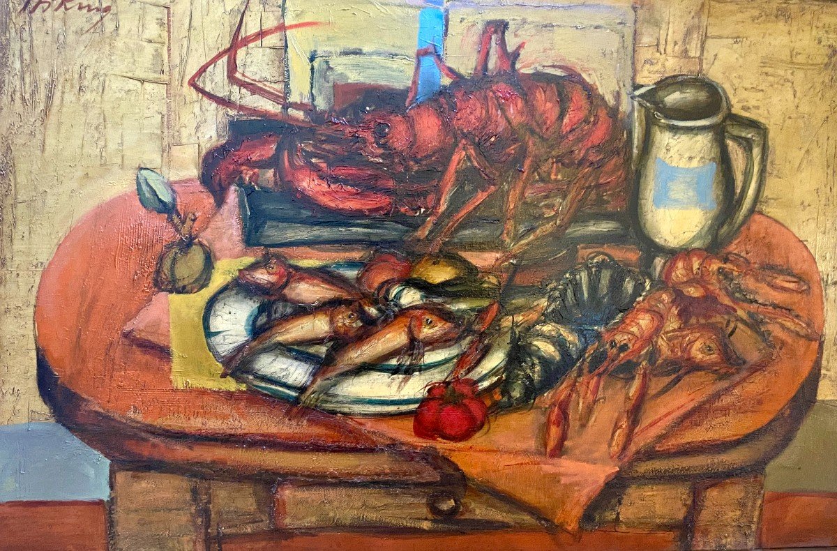 Franz Priking (1929-1979) "still Life With Lobster And Red Mullet"-photo-3