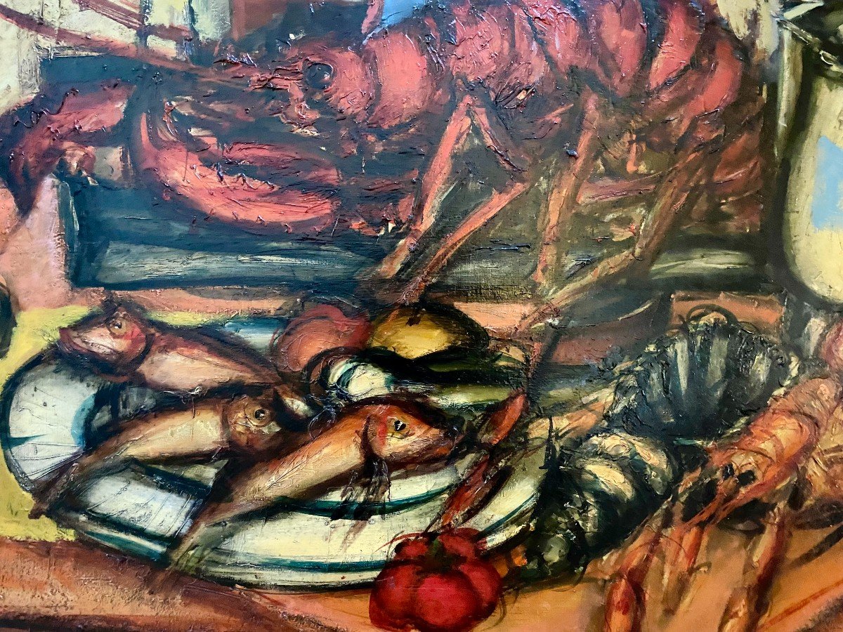 Franz Priking (1929-1979) "still Life With Lobster And Red Mullet"-photo-4