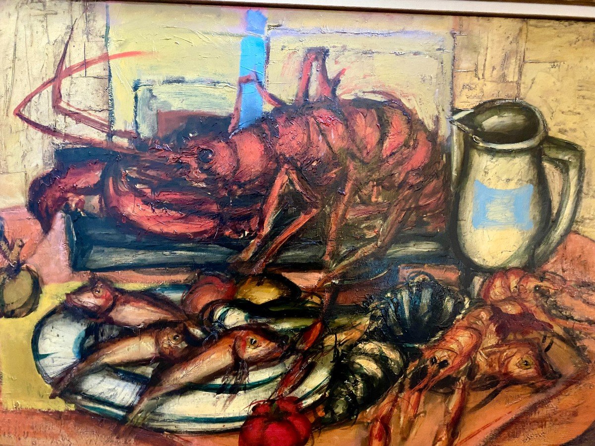 Franz Priking (1929-1979) "still Life With Lobster And Red Mullet"-photo-2