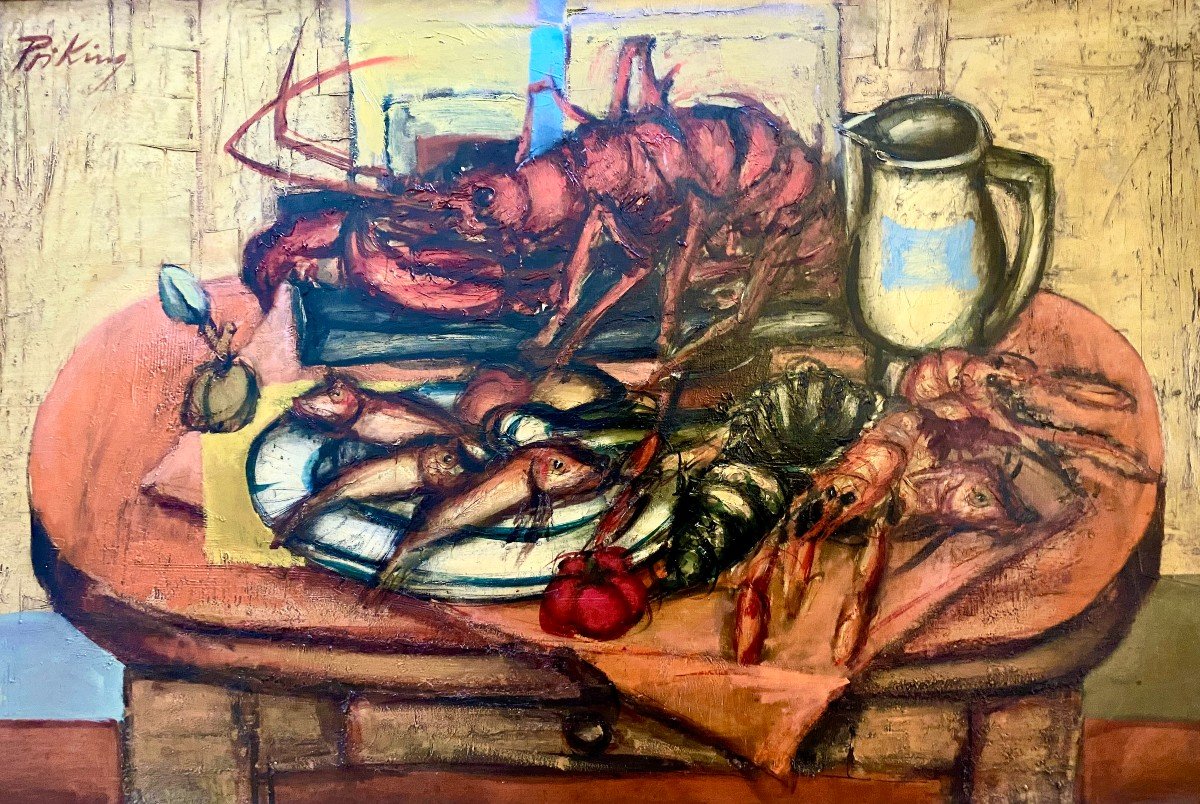 Franz Priking (1929-1979) "still Life With Lobster And Red Mullet"-photo-3