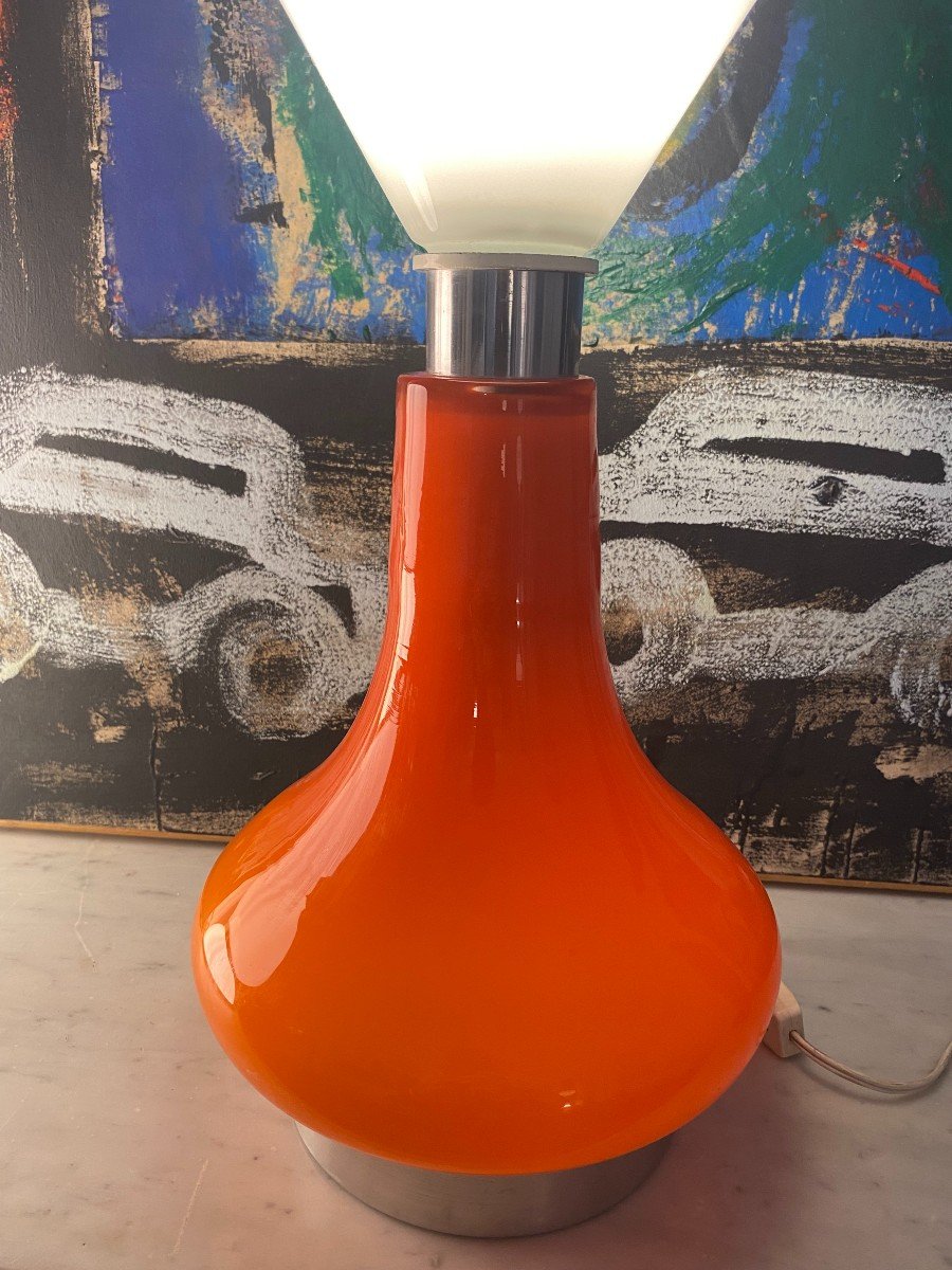 Lampe piètement verre orangé année 1970-photo-4