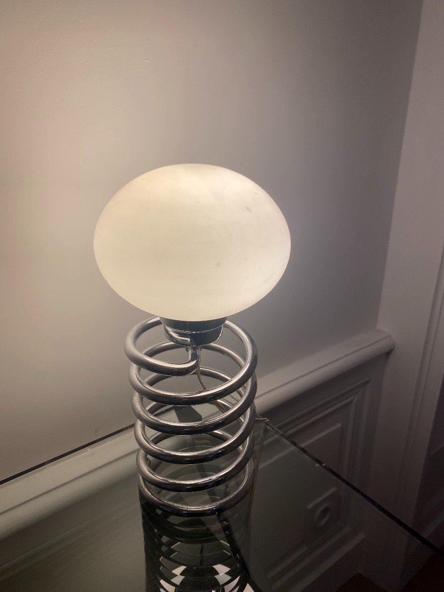 Lampe Ressort Chromé et Opaline - Designer Ingo Maurer(1932-2019) année 70-photo-3