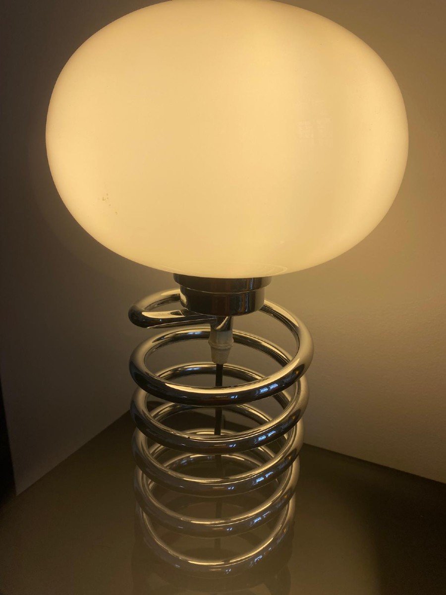 Lampe Ressort Chromé et Opaline - Designer Ingo Maurer(1932-2019) année 70-photo-4