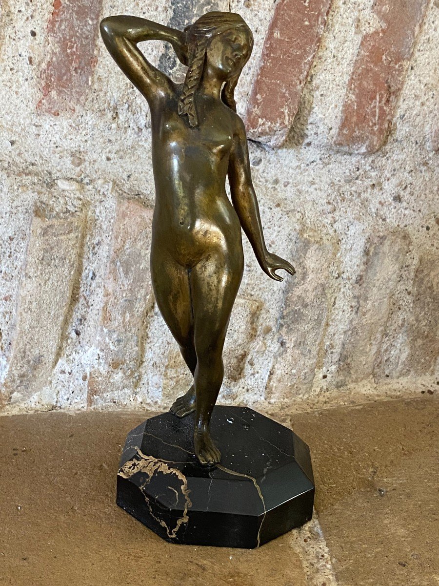 “naked Woman With Braids” Bronze With Golden Patina-photo-3