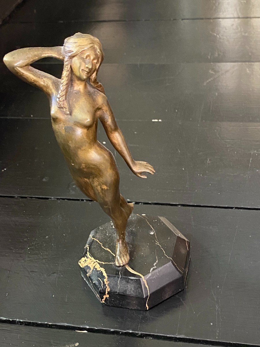 “naked Woman With Braids” Bronze With Golden Patina-photo-2