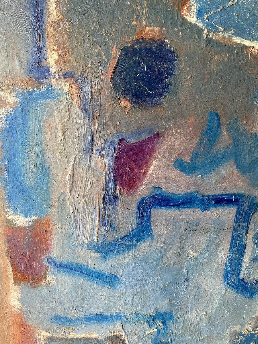 Painting “abstraction In Blue” Abstract School Of The 50s/60s-photo-3