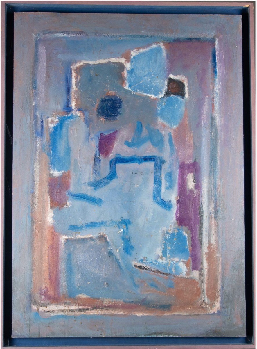 Painting “abstraction In Blue” Abstract School Of The 50s/60s