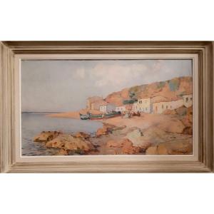 Ancien Tableau Village Corse Bord De Mer Olynthe Madrigali 