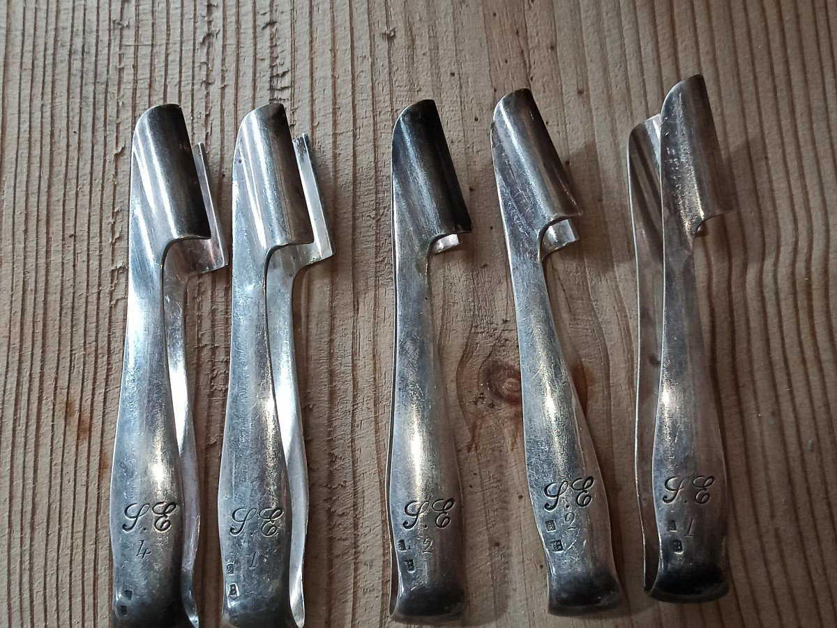 Suite Of 5 Individual Asparagus Tongs In Silver Metal-photo-3