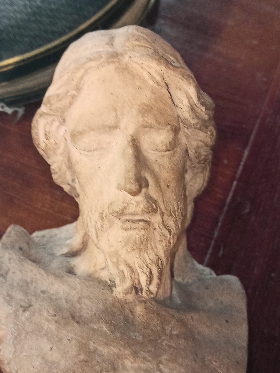 Terracotta Sculpture, Head Of Christ, Signed And Dated 1900-photo-1