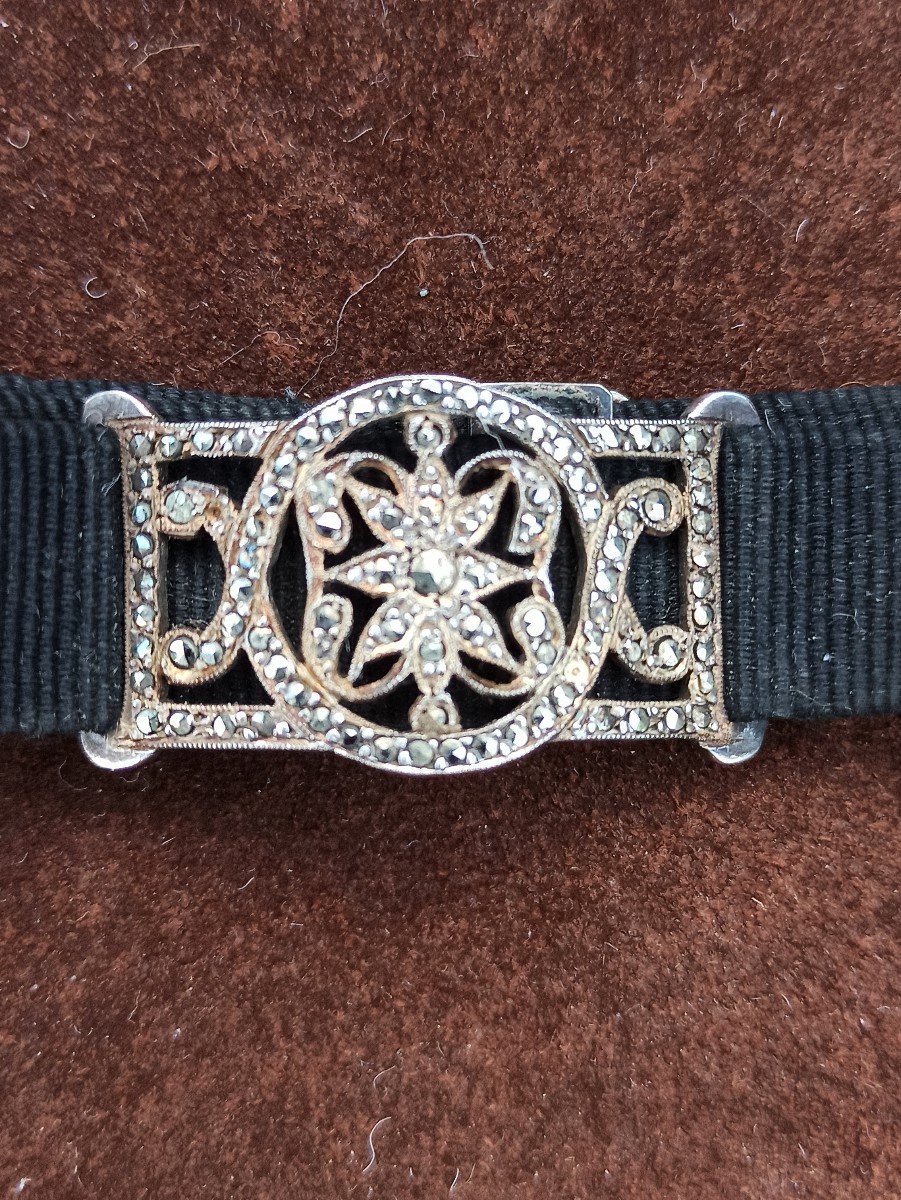 Bracelet En Argent Et Pyrites Avec Son Ruban De Soie époque Romantique XIXe-photo-2