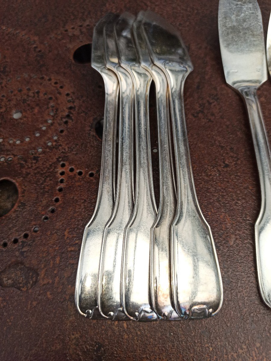 Suite Of 6 Fish Cutlery In Silver Metal By François Frionnet Circa 1940-photo-3