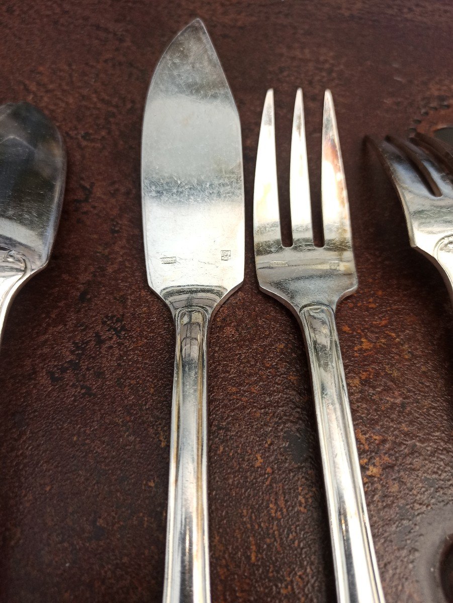 Suite Of 6 Fish Cutlery In Silver Metal By François Frionnet Circa 1940-photo-4