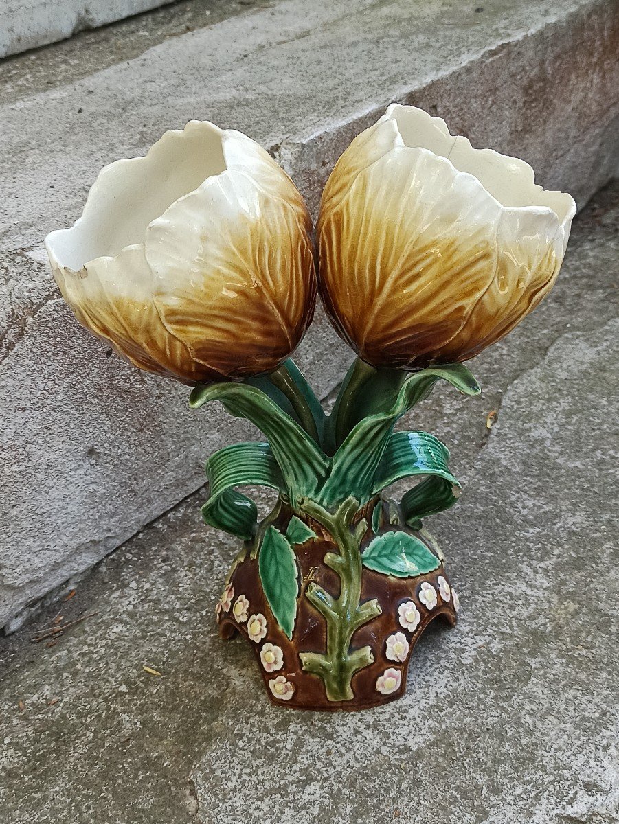 Vase With Two Entrances Decorated With Flowers, Barbotine Choisy Le Roy Circa 1890