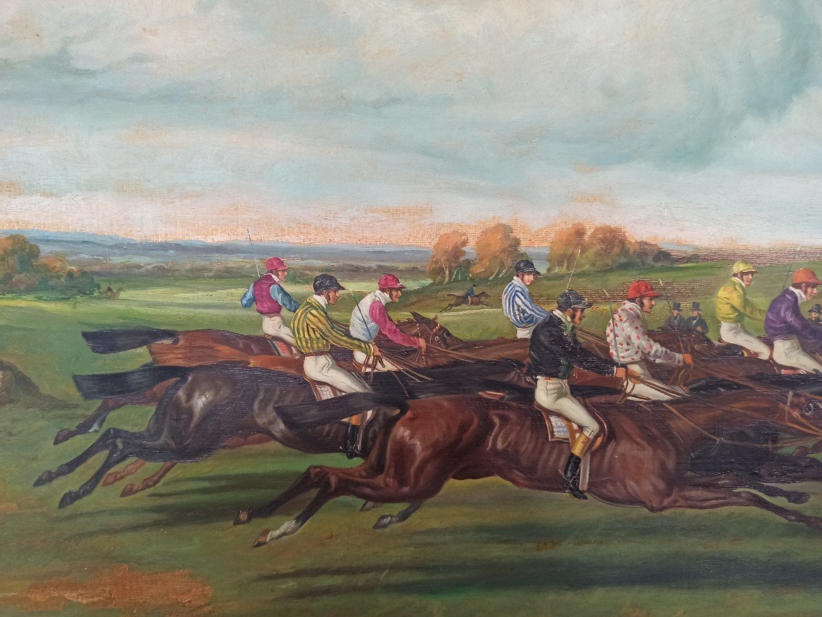 Huile Sur Panneau Course De Chevaux Circa 1900-photo-3